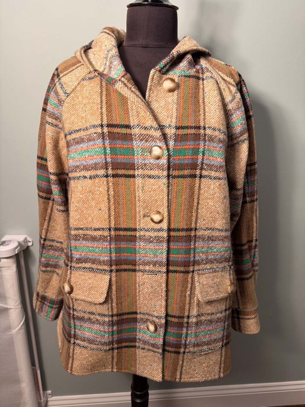Sezane Plaid Hooded Wool Coat